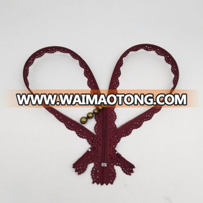 Metal zipper manufacturing process close end lace zipper with custom zipper slider ,metal top and bottom stopper